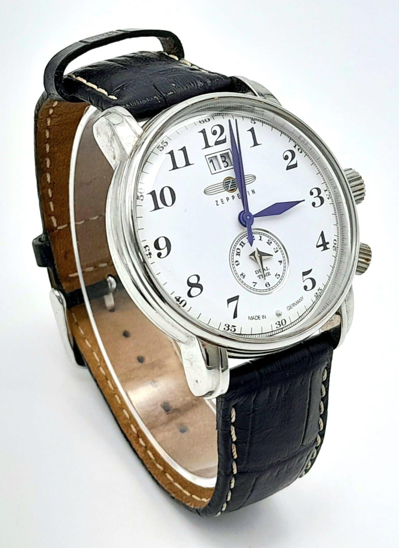 A German Made Zeppelin Dual Time Gents Quartz Watch. Black leather strap. Stainless steel case - - Image 3 of 7