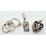 3 X STERLING SILVER WEDDING THEMED CHARMS - MARRIED COUPLE, RING IN HEART SHAPED RING BOX WHICH