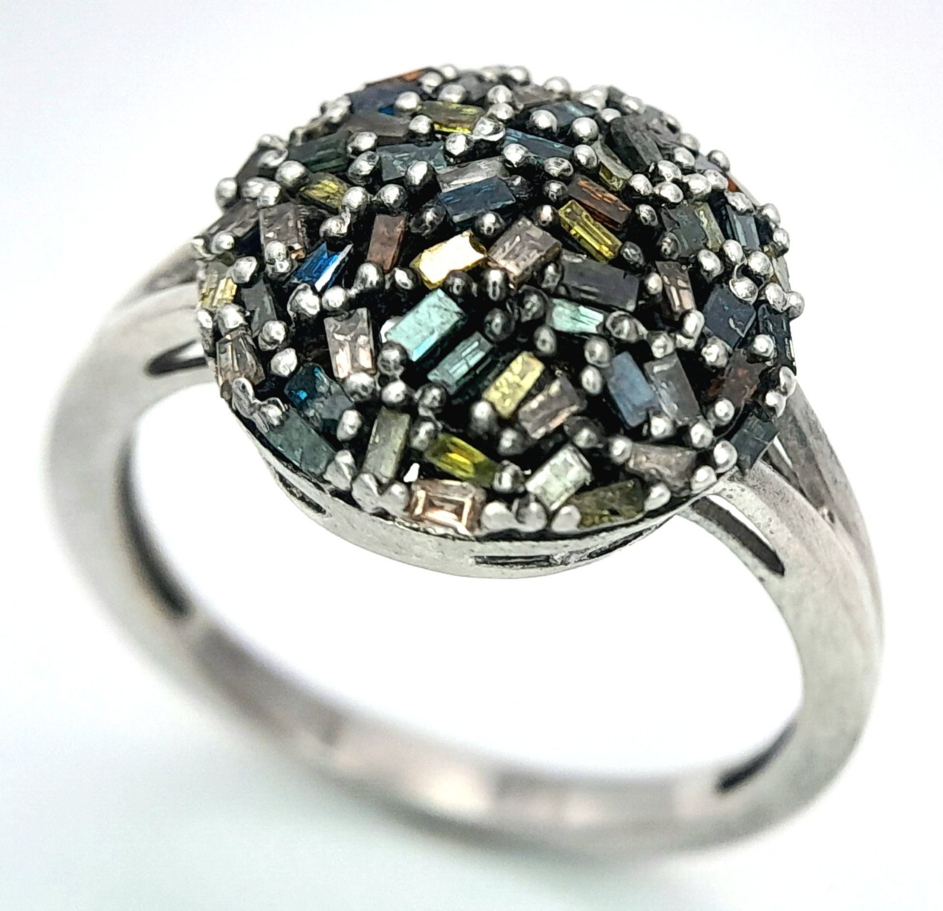 A Fancy Multi-Coloured Diamond 925 Silver Ring. Size T. 4.6g weight. - Image 4 of 6