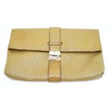 A Mulberry Harriet Khaki Leather Clutch Bag. Spongy patent leather exterior with gold-tone hardware,