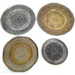 4 PERSIAN PEWTER AND BRASS ANTIQUE PLATES .