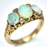 A Beautiful Antique 18K Yellow Gold Three Opal and Old Cut Diamond Ring. Size J. 4.3g total