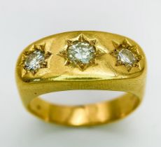 A Vintage 18K Yellow Gold Three Diamond Gypsy Ring. 1ctw. Size U/V. 16.2g total weight.