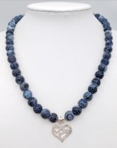 A frosted crackle blue agate necklace with a silver heart shaped pendant and clasp, length: 40 cm,