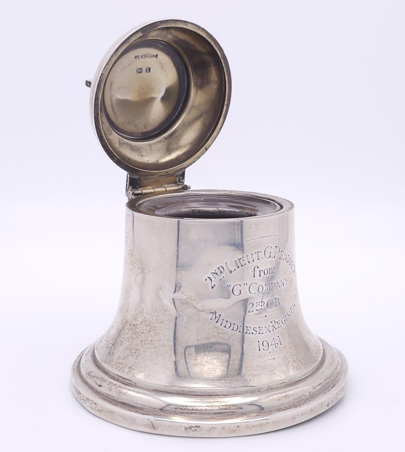 A WW2 Era Silver Inkwell in the Form of a Bell - Dedicated to 2nd Lieutenant G. Pendred from 'G' - Image 2 of 10