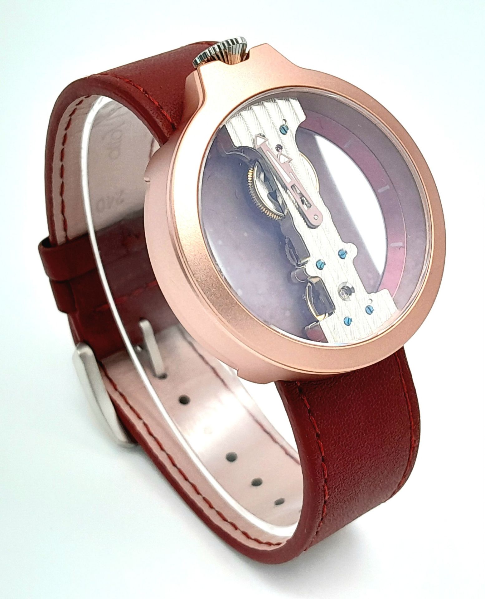 A Verticale Mechanical Top Winder Gents Watch. Red leather strap. Ceramic rose gold skeleton - Bild 3 aus 6