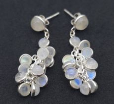 An Elegant Pair of Sterling Silver Rainbow Moonstone Cluster Earrings. 4cm Drop. Set with an 8mm