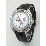 A Vostok Automatic Gents Watch. Black leather strap. Stainless steel case - 40mm. White dial with