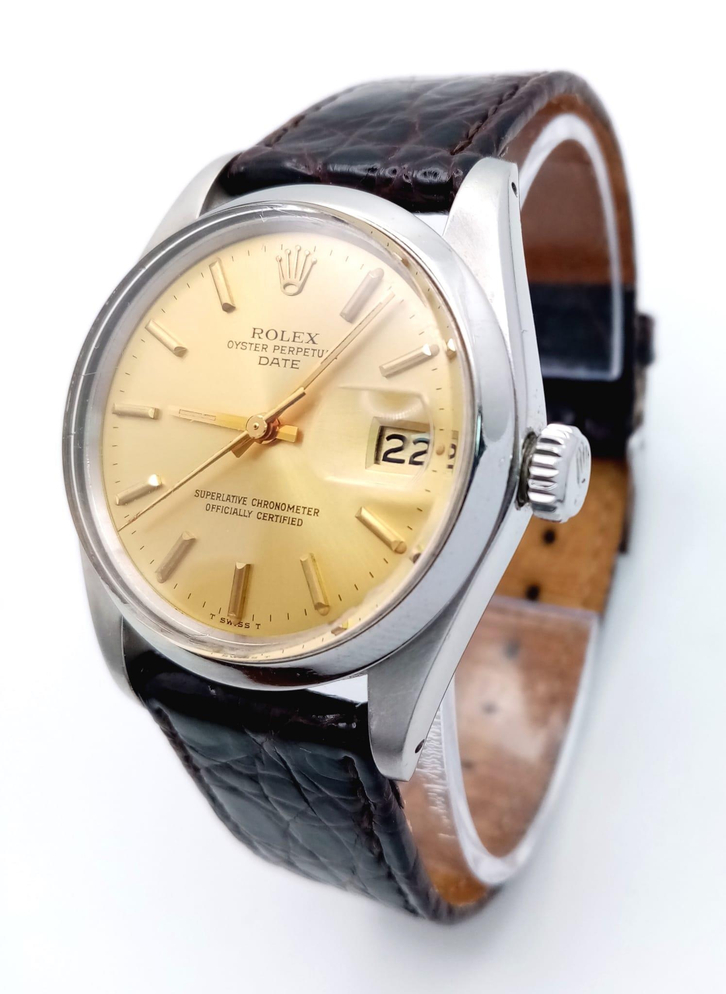 A Rolex Model 1500 Oyster Perpetual Date Automatic Gents Watch. Brown leather strap. stainless steel