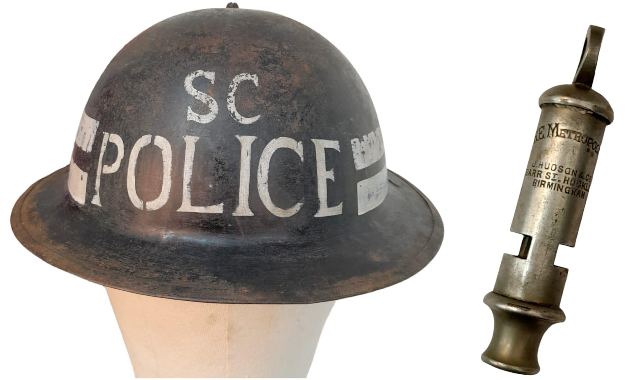 WW2 British Home Front Special Constable’s Helmet, Truncheon and Whistle. An attic find during a
