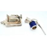 2 X STERLING SILVER SOWING THEMED CHARMS - sewing machine, and thimble, thread & needle. 1.9cm and
