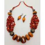 A Vintage Moroccan Berber Amber and Coral Necklace plus a pair of Amber Earrings. Necklace