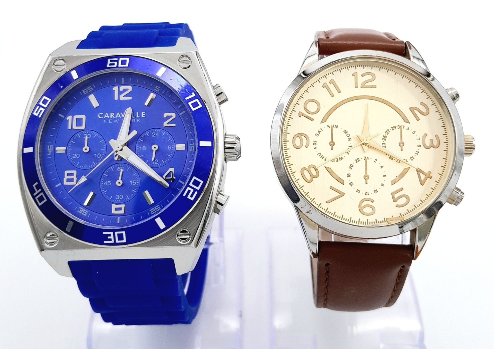 Two Men’s Quartz Watches, Comprising: 1) A Blue Face Chronograph Sports Watch by Caravelle New