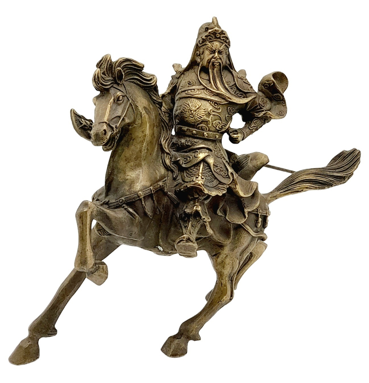 A Vintage Chinese Copper Guan Gong (God of war and wealth) on Horseback Statue. 23cm x 19cm tall.