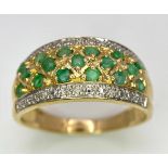 A 14K YELLOW GOLD DIAMOND & EMERALD RING. Size P, 3.8g total weight. Ref: SC 8048