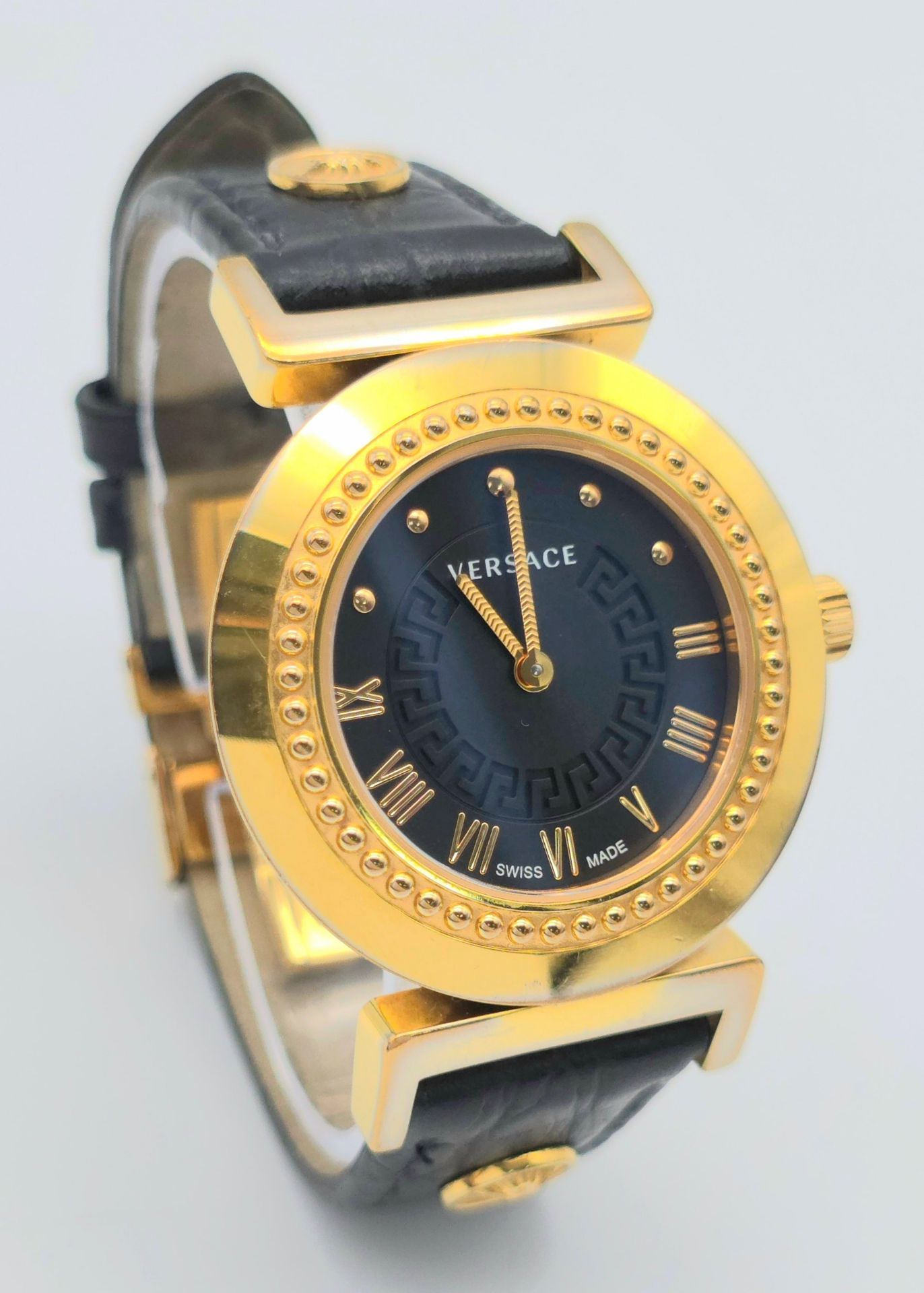 A Versace Designer Quartz Ladies Watch. Black leather and gilded strap and case - 35mm. Black dial - Image 3 of 8