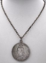 An 1891 Queen Victoria Silver Crown in a Pendant Setting on a Sterling Silver Chain. 41.21g total