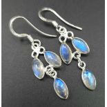 A Pair of Sterling Silver Lavaliere Design Oval Cut Moonstone Earrings. 4cm Length. Each Set with