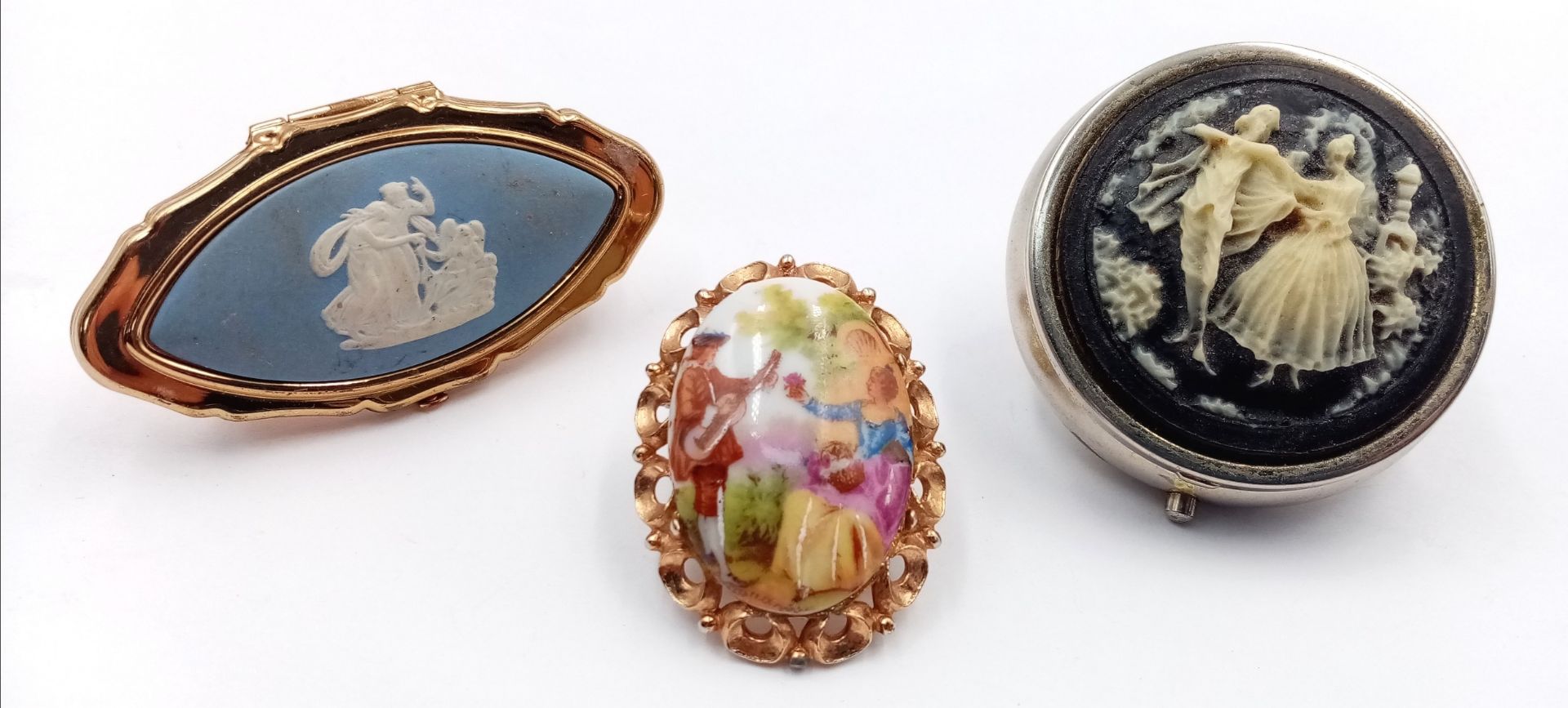 Two Vintage Brooches and a Cameo Pill/Button Box.