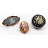 Two Vintage Brooches and a Cameo Pill/Button Box.