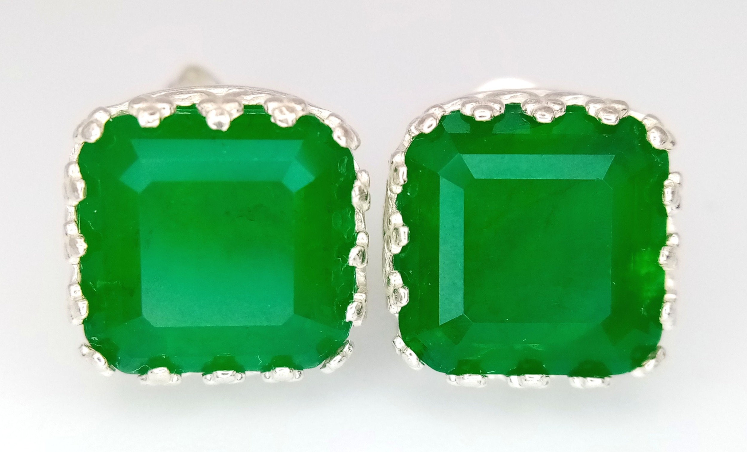 A Pair of 925 Silver, Green stone Earrings. Square cut.