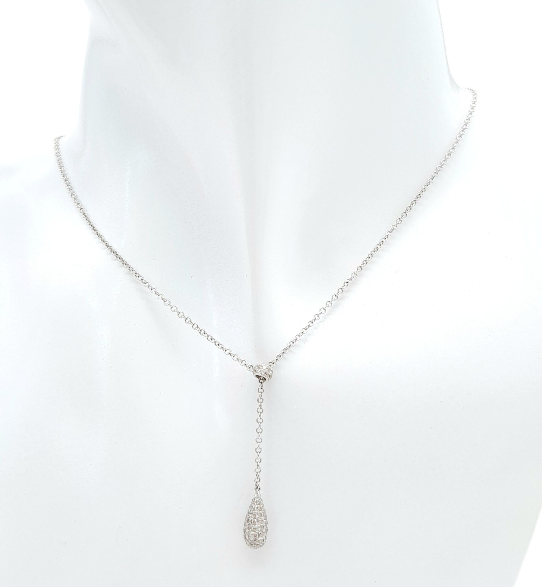 A 18ct White Gold Diamond Pave Drop Necklace, 18” length, 3.1g weight, approx 31mm drop. ref: