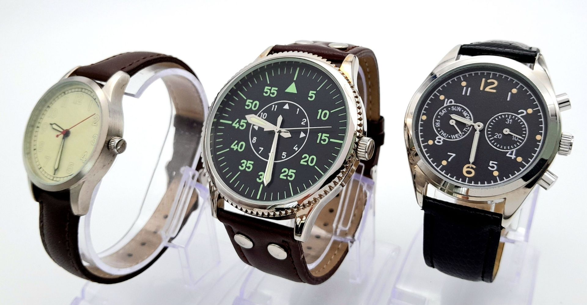 A Parcel of Three Leather Strapped, Military Designed Homage Watches. Comprising: 1) A German Design - Image 3 of 7