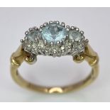 A Vintage 9k Yellow Gold Aquamarine and Diamond Ring. Size P. 3g total weight.