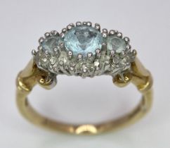 A Vintage 9k Yellow Gold Aquamarine and Diamond Ring. Size P. 3g total weight.