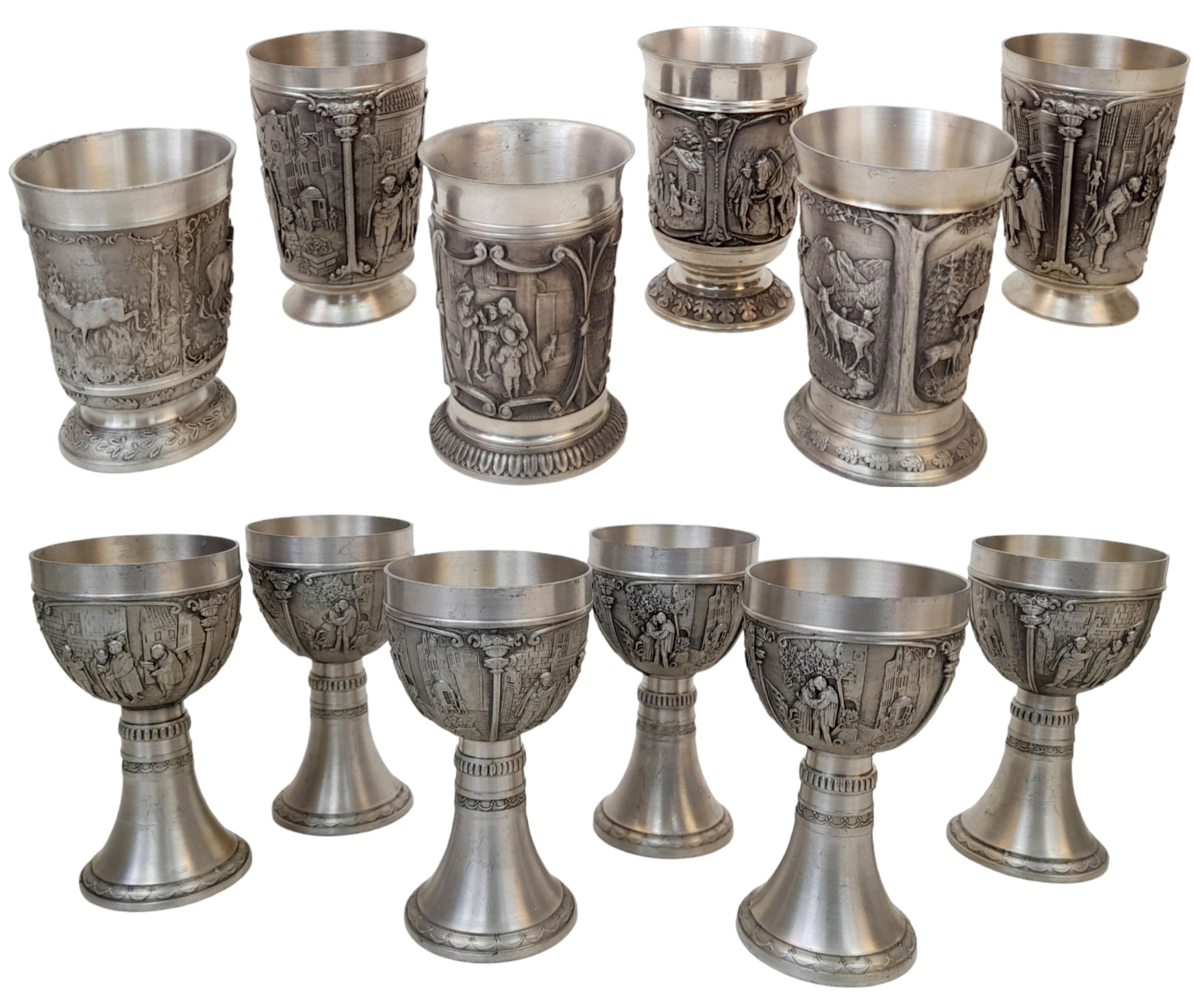 Two Sets (12 total) of German Zinn Ornate Pewter Cups. Six goblets and six slightly different