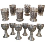 Two Sets (12 total) of German Zinn Ornate Pewter Cups. Six goblets and six slightly different