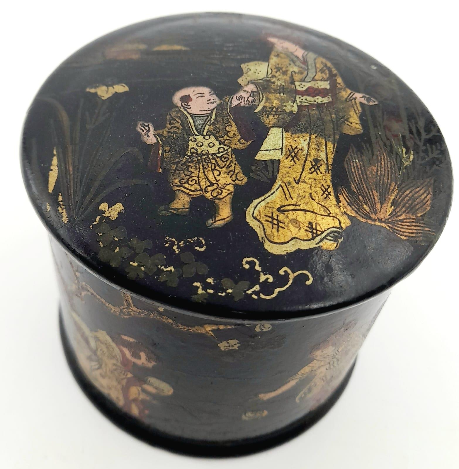 An Antique Chinese Black Lacquer Box. Wonderful decoration with gold on black depicting Mothers at
