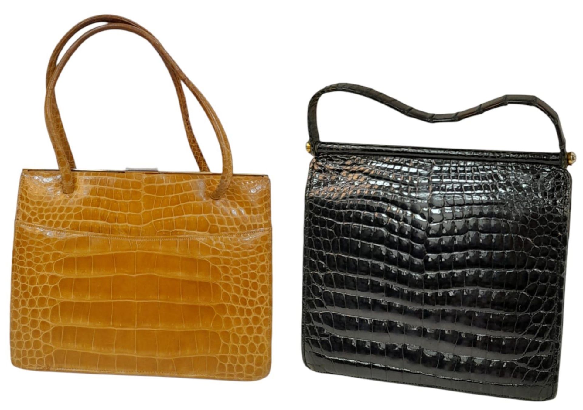Two Crocodile Leather Hand Bags. Black crocodile bag has gold-toned hardware, a single strap and - Bild 2 aus 6