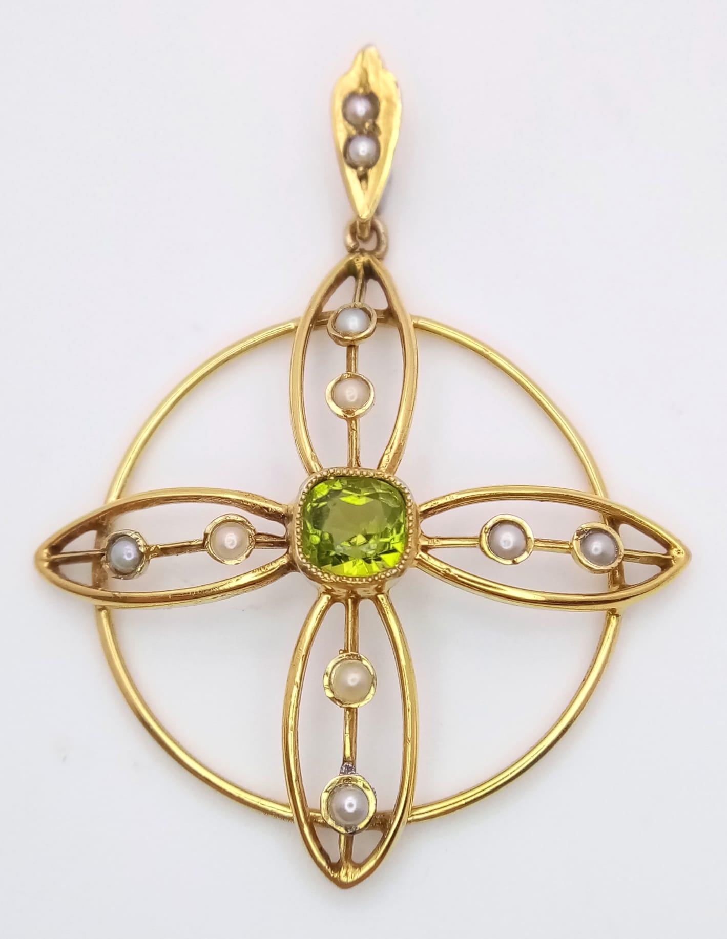 A 9K Yellow Gold, Peridot Drop Earring and Pendant Set. Both decorated with seed pearls. Pendant - - Image 2 of 7