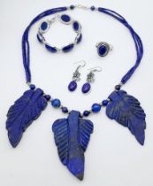 A Lapis Lazuli jewellery Suite Comprising of: Decorative leaf necklace, bracelet, drop earrings