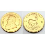 A 1981 1oz Krugerrand 22K Gold Coin.