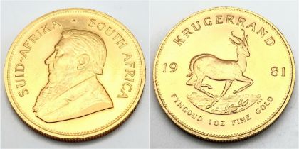 A 1981 1oz Krugerrand 22K Gold Coin.