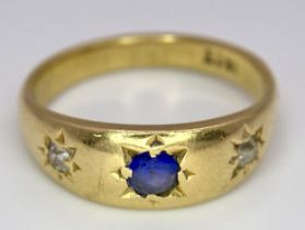 A Vintage 18K Yellow Gold Diamond and Sapphire Gypsy Ring. Size L. 4.6g total weight.