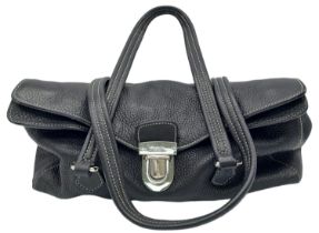 A Prada Black Vitello Shoulder Bag. Leather exterior with silver-toned hardware, two straps, push