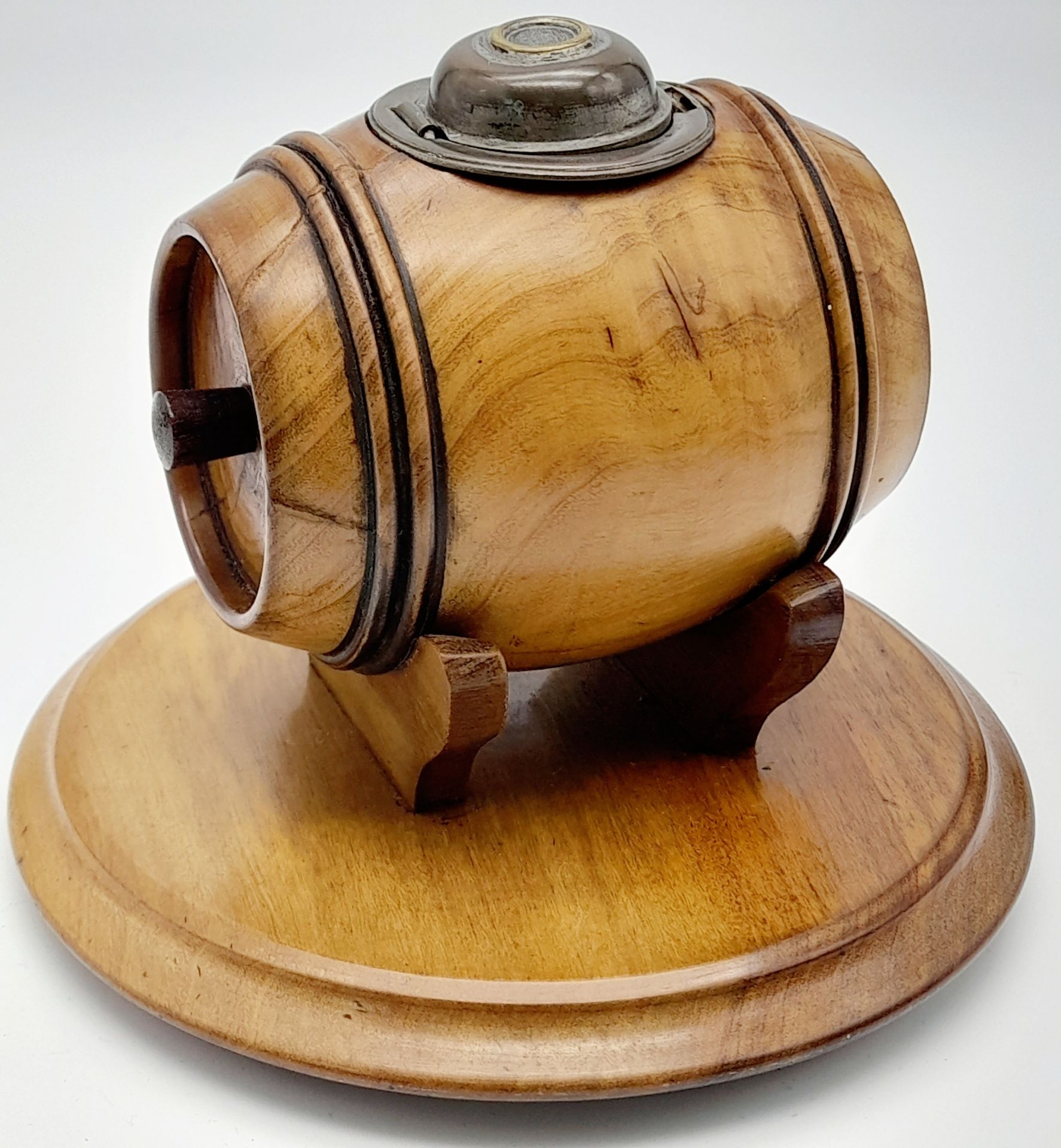 A Victorian Inkwell in the Form of a Whisky Wooden Barrel. Base - 13cm diameter. 10cm height.