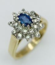 A 9K YELLOW GOLD DIAMOND & SAPPHIRE CLUSTER RING. Size J, 2.8g total weight. Ref: SC 8030