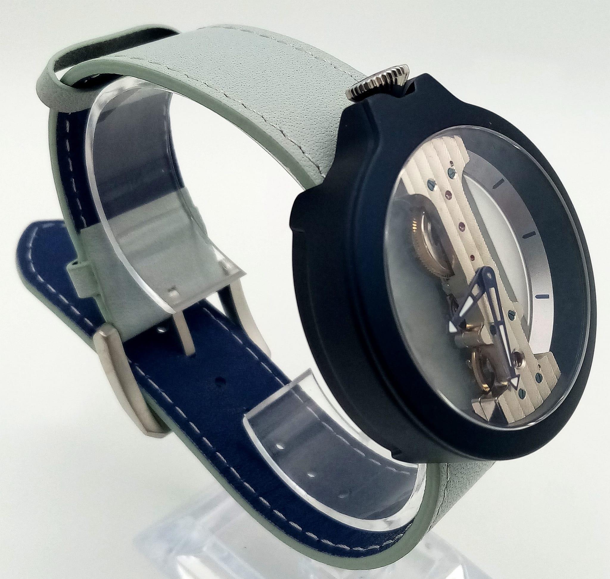 A Verticale Mechanical Top Winder Unisex Watch. Turquoise strap with navy toned skeleton case. As - Image 3 of 6