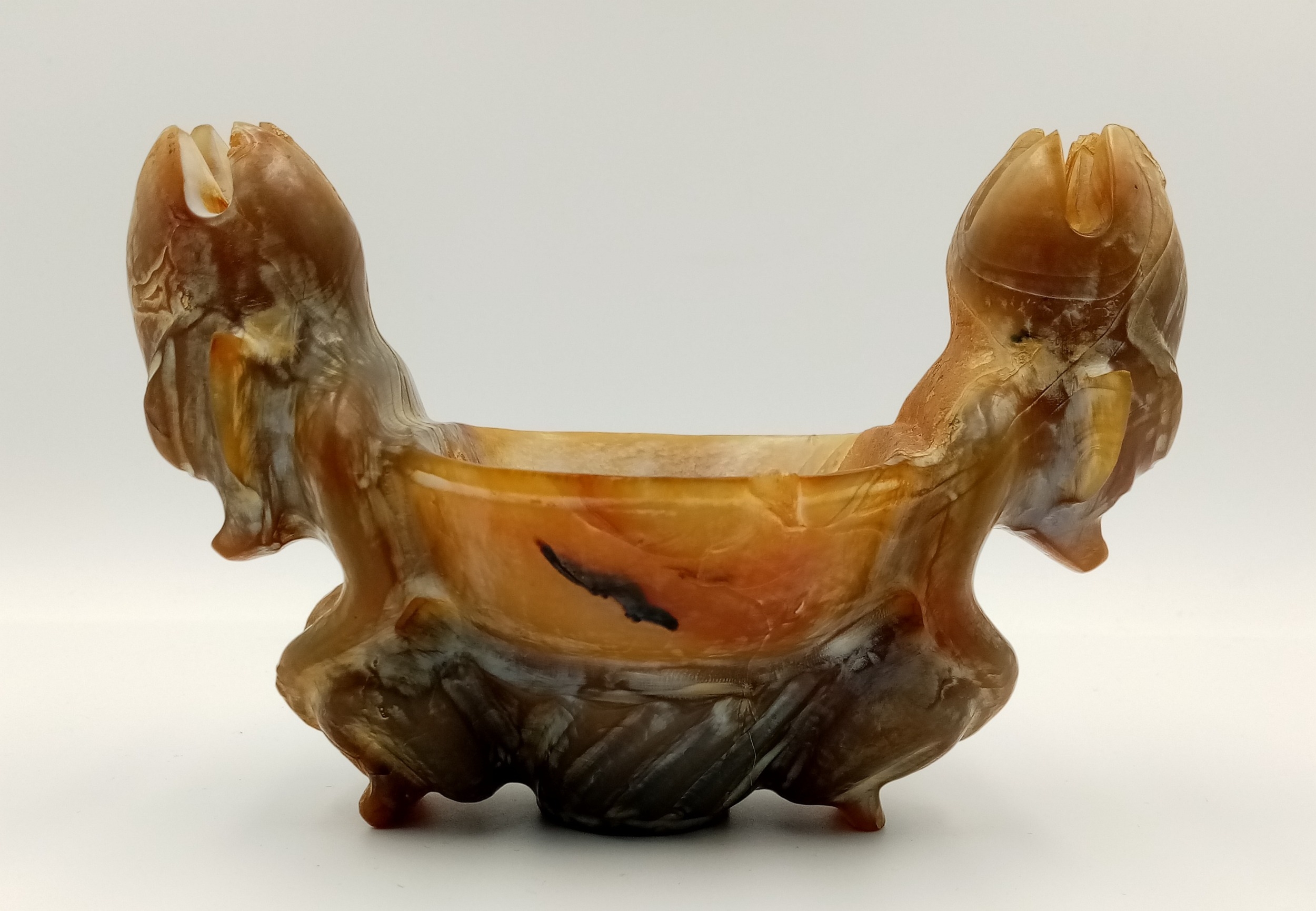 A Vintage Hand-Carved Chinese Agate Bowl with Two Ornate Men/Fish Decoration. 16 x 10cm.