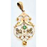 An Antique 9K Yellow Gold Seed Pearl and Emerald Pendant. 4.5cm. 2g