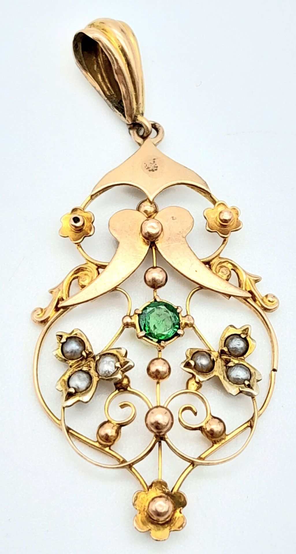 An Antique 9K Yellow Gold Seed Pearl and Emerald Pendant. 4.5cm. 2g