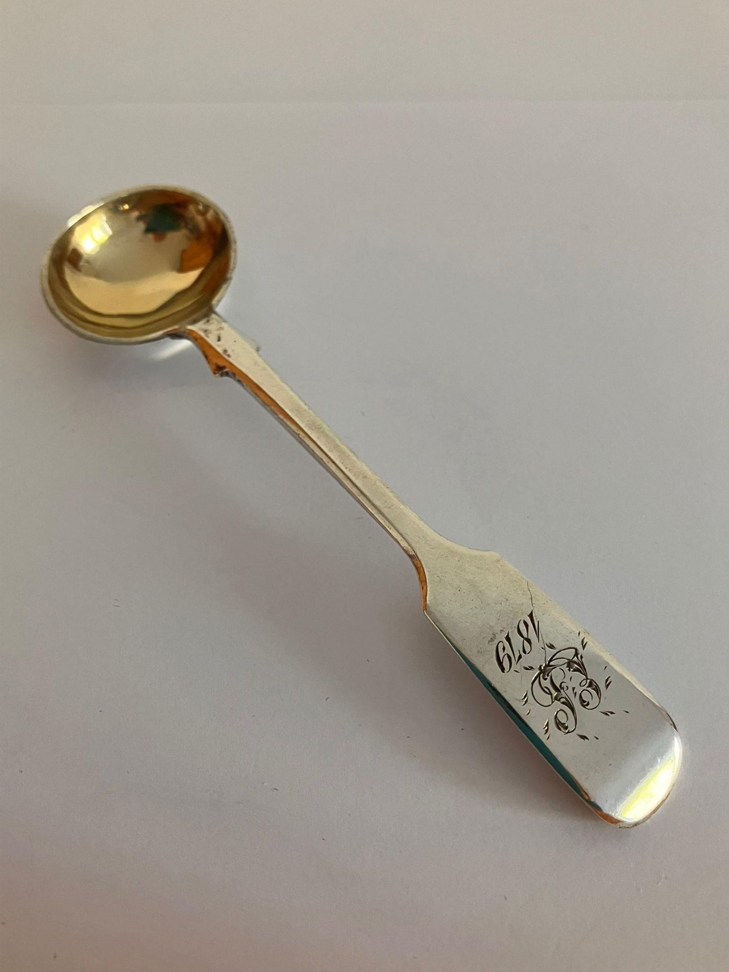 Antique SILVER CONDIMENT SPOON with Gilded Bowl. Clear Hallmark for John Stone, Exeter 1854. - Bild 6 aus 7