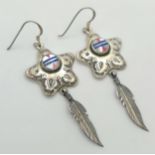 A Pair of Vintage Sterling Silver Native American Feather Design Earrings. Set with Mother of Pearl,