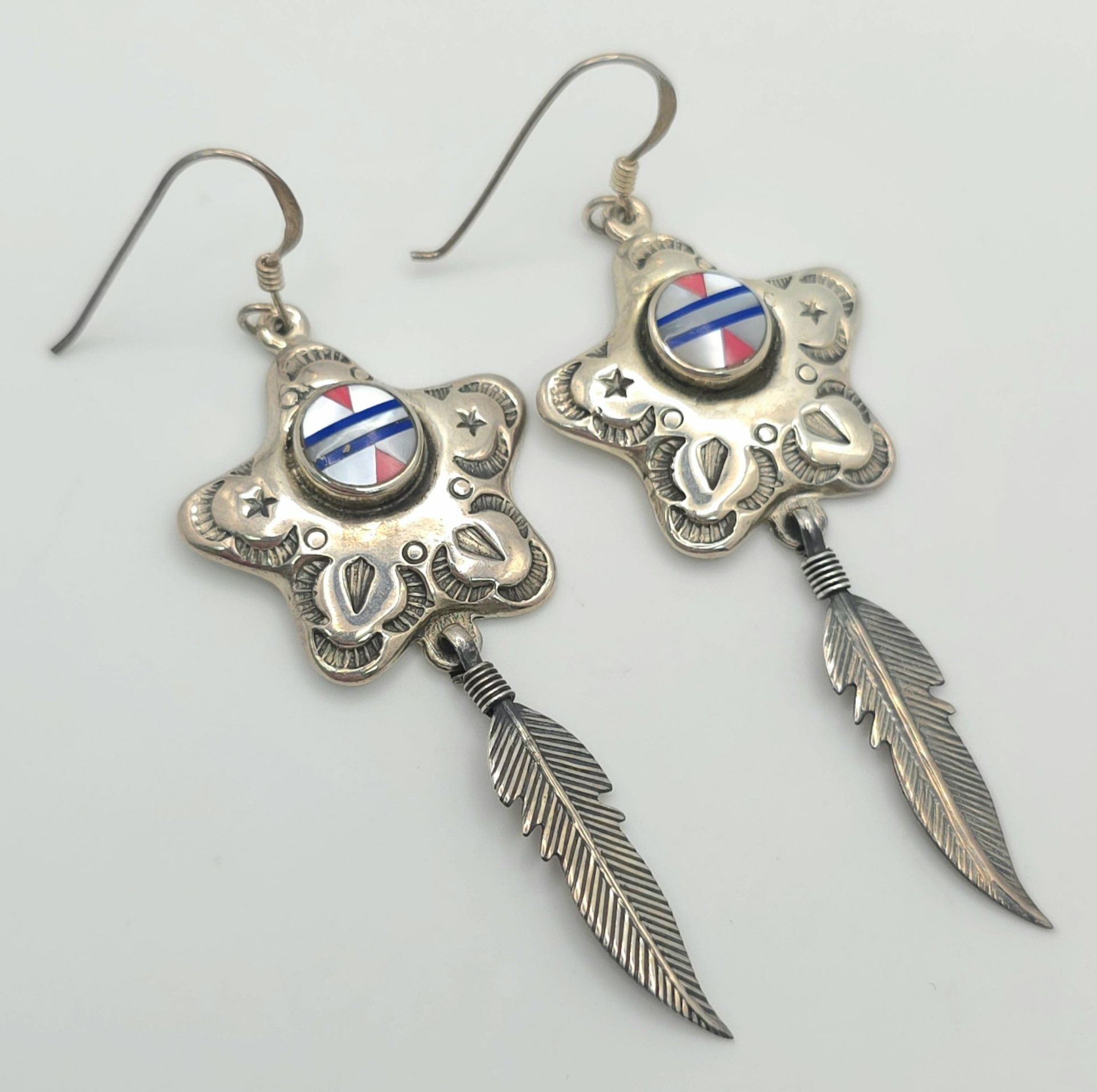 A Pair of Vintage Sterling Silver Native American Feather Design Earrings. Set with Mother of Pearl,