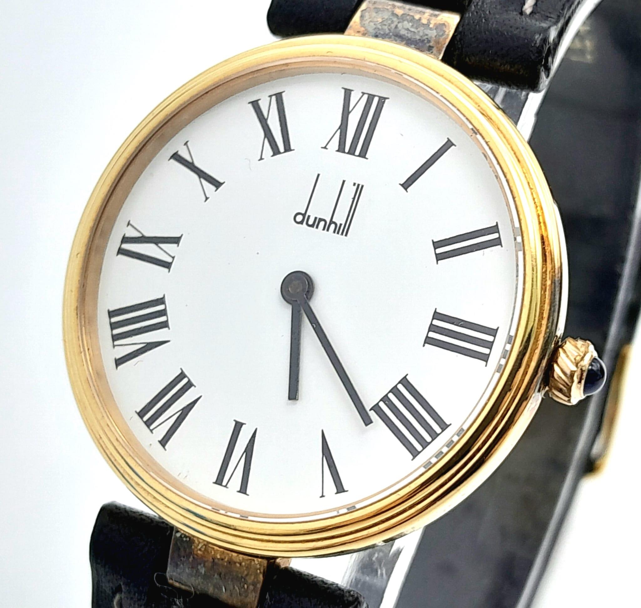 A Dunhill Sterling Silver Gilt Chronometer Watch. 34mm Case, Black Leather Strap. Full Working - Image 3 of 8