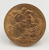 A 22 K yellow gold, King George V, 1913, full weight: (8 g), in good condition but please see photos